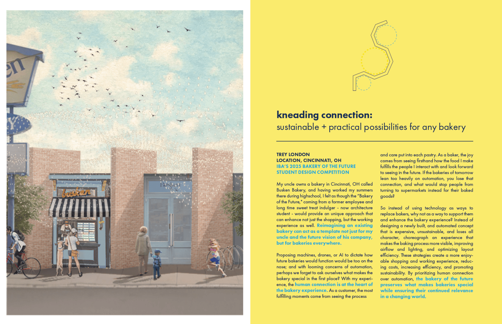 Eine illustrierte Bäckereifassade mit Menschen davor, daneben eine gelbe Tafel mit Text zu nachhaltigem und praktischem Bäckereidesign. Blauer Himmel mit Vögeln am Himmel. Der Text beschreibt Knetverbindungen und innovative Bäckereitechnologie.